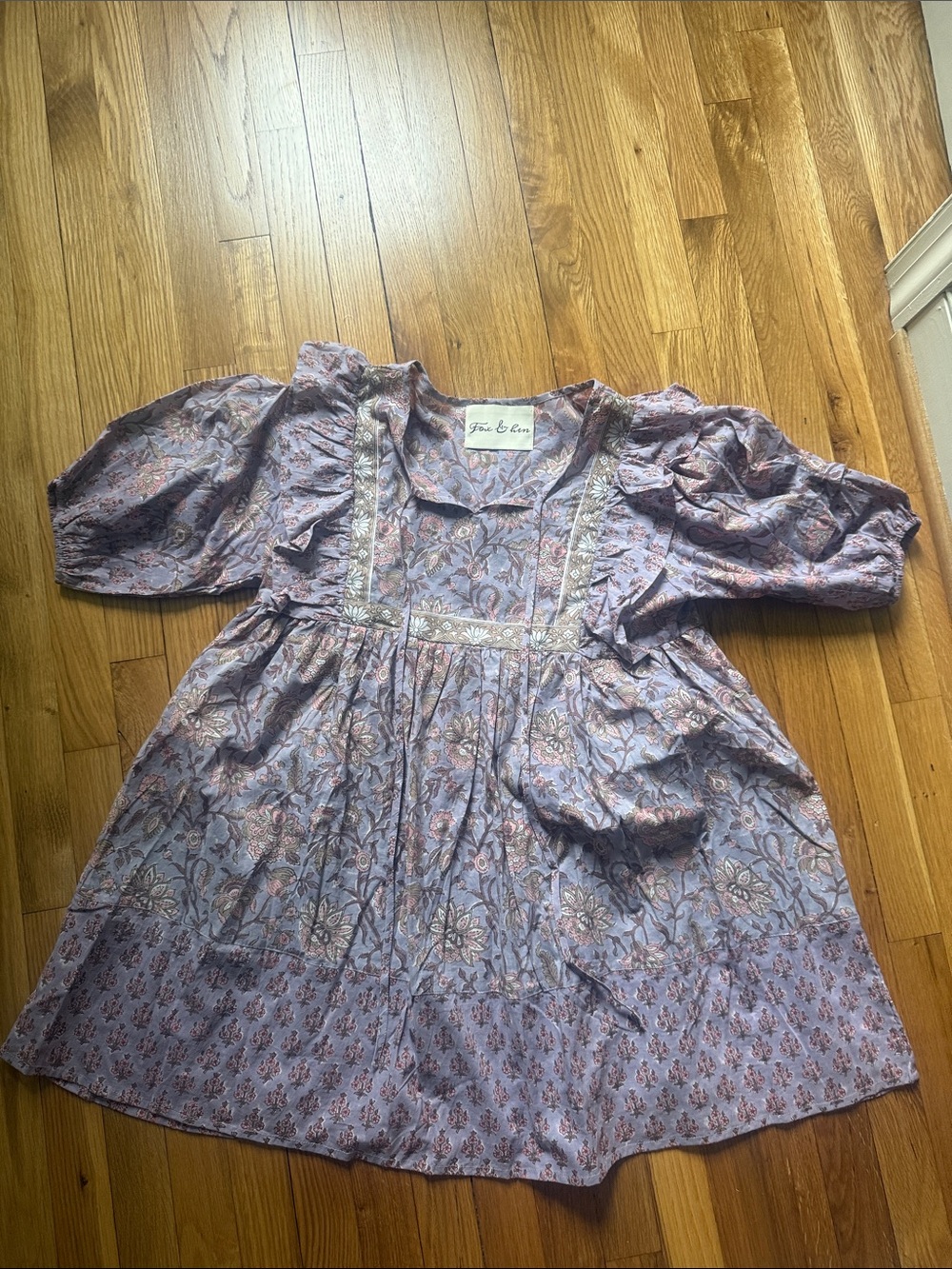 Free & Ease Lavender Floral Mini Dress with Lace Trim